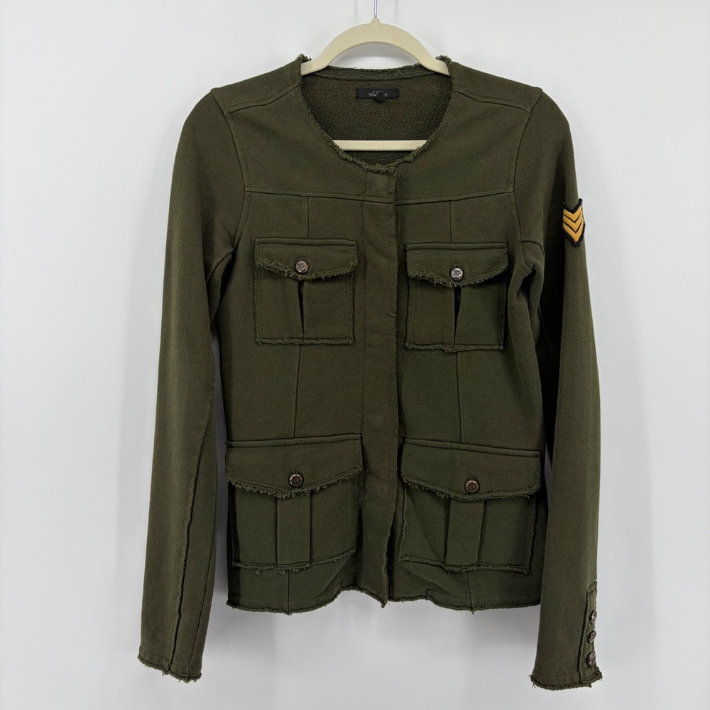 Zara Womens Small Olive Green Utility Jacket Distressed Raw Edge Military Cargo